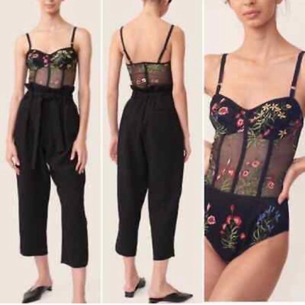 ABS Allen Schwartz Mesh Embroidered Black Bodysuit